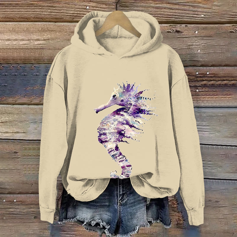 100% Cotton Watercolor Sfumato Seahorse Asymmetrical Print Hoodie - Apricot - US16-18(2XL) - image 1