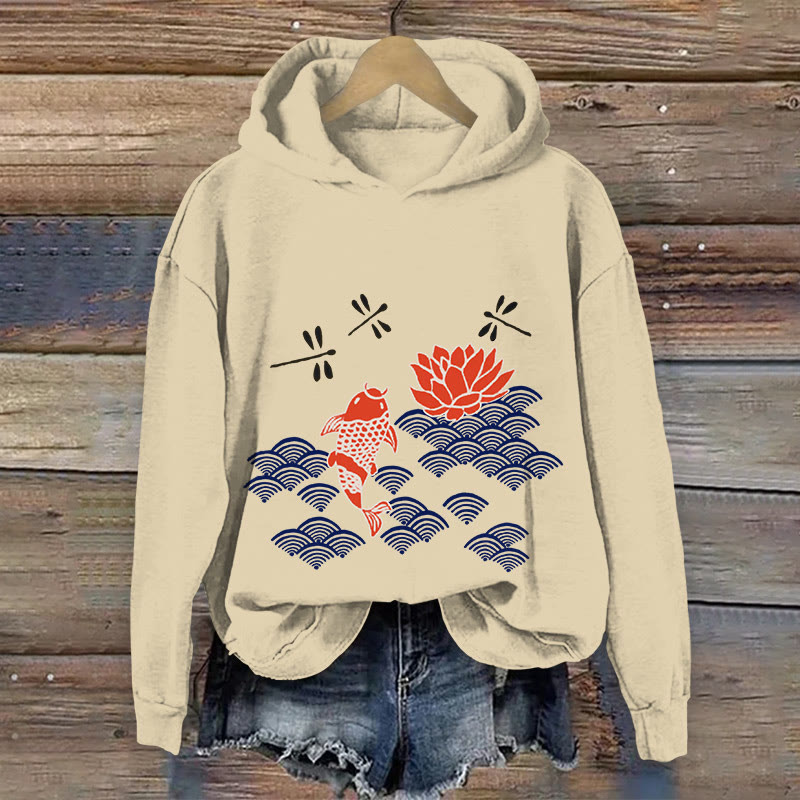 100% Cotton Japanese Style Koi Fish Dragonfly Wave Art Print Hoodie - Apricot - US16-18(2XL) - image 1