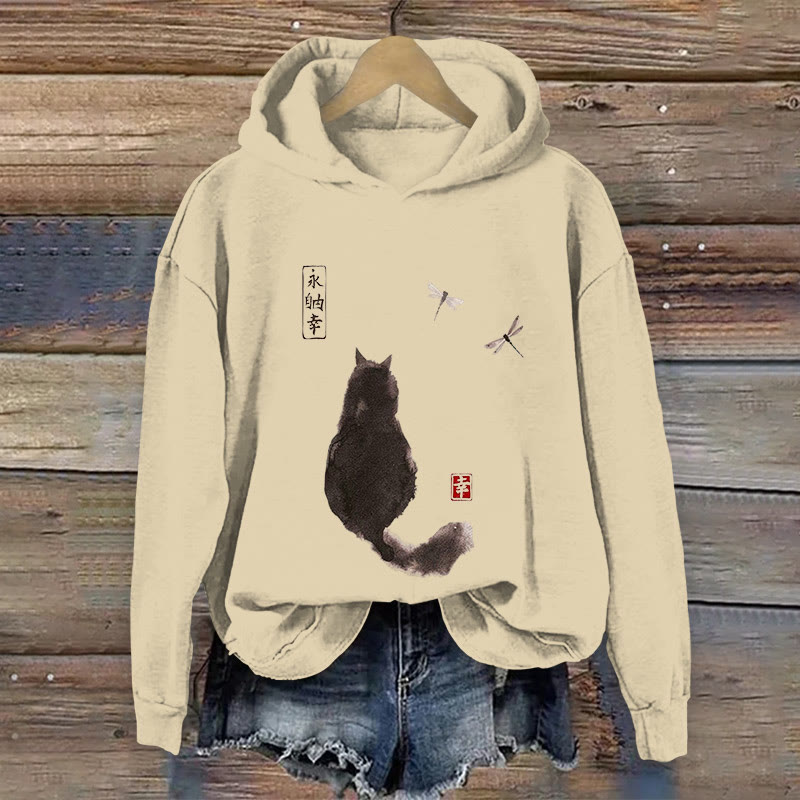 100% Cotton Ink Painting Black Cat Japanese Art Print Hoodie - Apricot - US16-18(2XL) - image 1