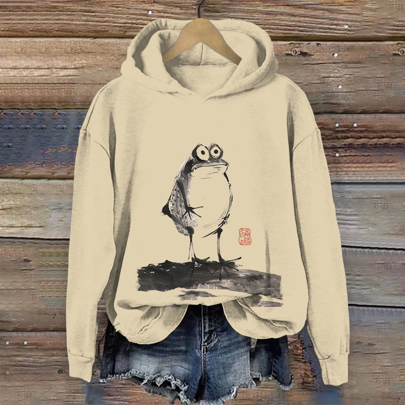 100% Cotton Japanese Retro Funny Frog Print Hoodie - Apricot - US16-18(2XL) - image 1