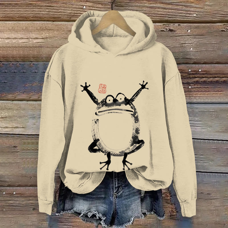 100% Cotton Japanese Retro Fat Silly Frog Print Hoodie - Apricot - US16-18(2XL) - image 1