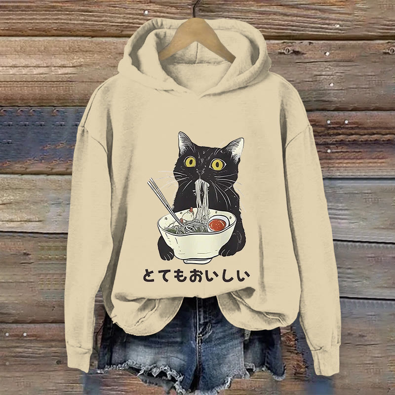 100% Cotton Cats Eat Ramen Noodles Print Hoodie - Apricot - US16-18(2XL) - image 1