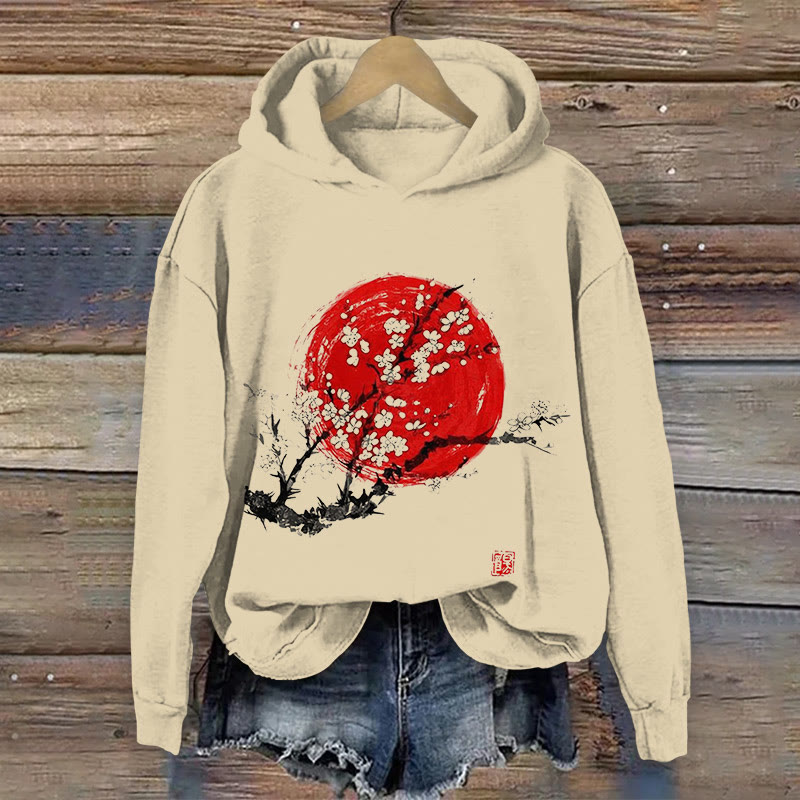 100% Cotton Sunrise Plum Blossom Japanese Art Print Hoodie - Apricot - US16-18(2XL) - image 1