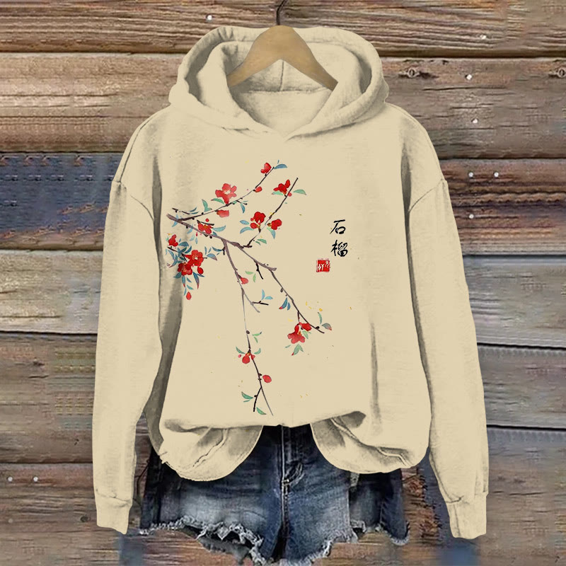 100% Cotton Japanese Art Floral Vintage Print Hoodie - Apricot - US16-18(2XL) - image 1