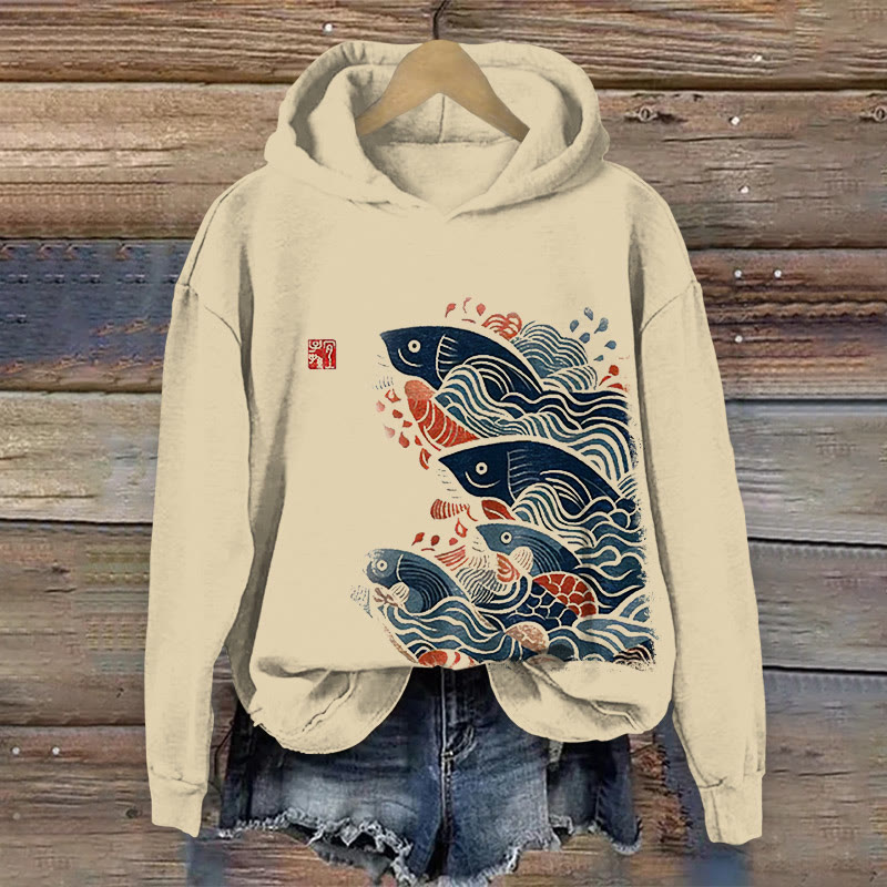 100% Cotton Japanese Art Carp Print Hoodie - Apricot - US16-18(2XL) - image 1