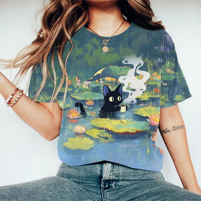 Interesting Cat Drinking Water In Lotus Pond Print Casaul T-shirt - Blue - US44-46(8XL) - image 1