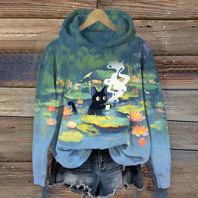 Interesting Cat Drinking Water In Lotus Pond Print Long Sleeve Hoodie - Blue - US44-46(8XL) - image 1