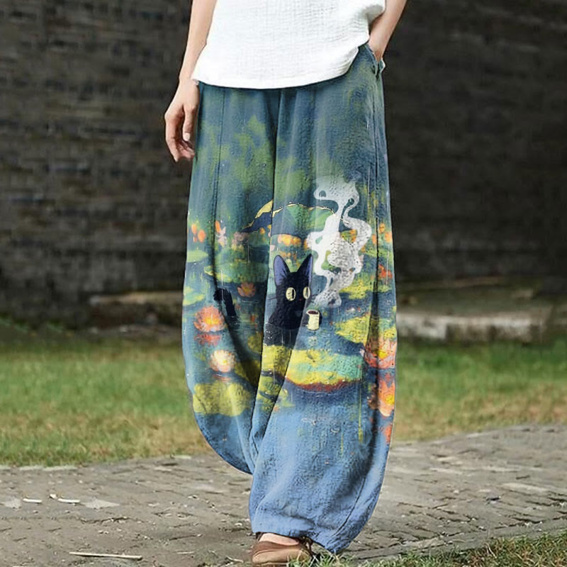 Interesting Cat Drinking Water In Lotus Pond Print Casual Pants - Blue - US18(5XL) - image 1