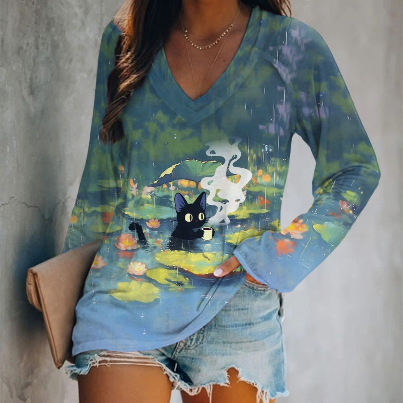 Interesting Cat Drinking Water In Lotus Pond Print  Long Sleeve T-shirt - Blue - 5XL - image 1