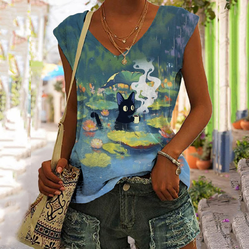 Interesting Cat Drinking Water In Lotus Pond Print V-neck Tank Top - Blue - 5XL - image 1