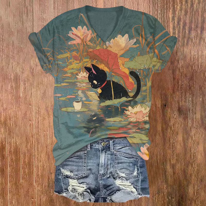 Lotus Pond Fun Black Cat Reading Book Drinking Tea Oil Painting Art Print T-shirt - Multicolor - US32-34(5XL) - image 1