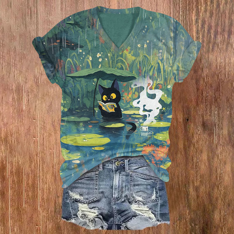 Lotus Pond Fun Black Cat Oil Painting Art Print T-shirt - Blue - US32-34(5XL) - image 1