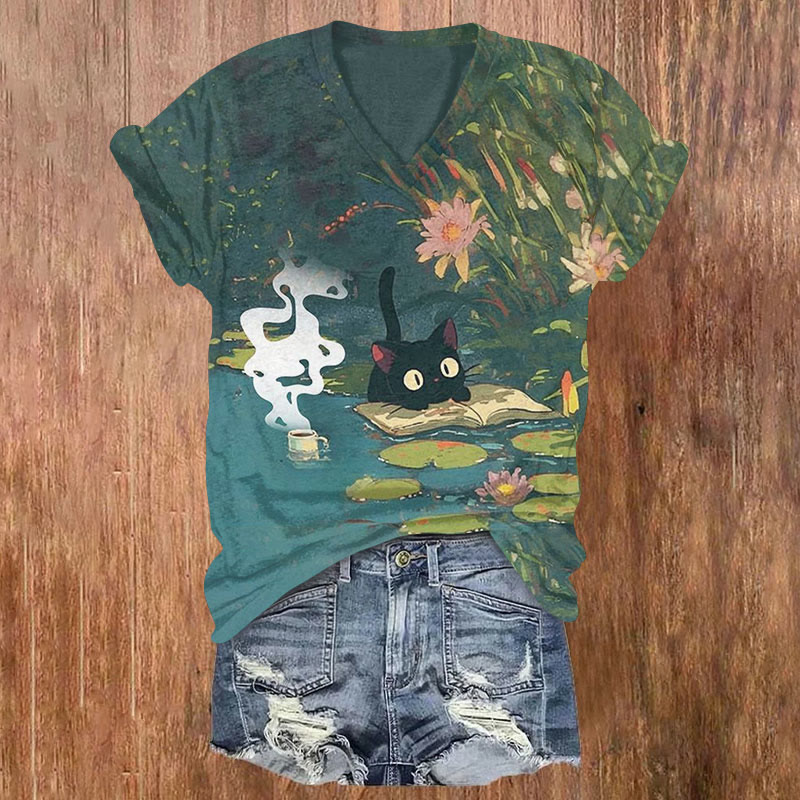 Funny Black Cat And Lotus Oil Painting Art Print T-shirt - Blue - US32-34(5XL) - image 1
