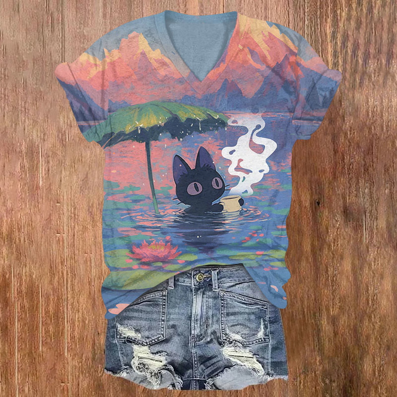 Funny Black Cat And Lotus Leaf Oil Painting Art Print T-shirt - Multicolor - US32-34(5XL) - image 1