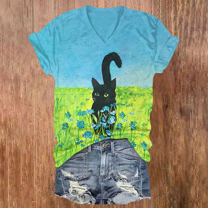 Fun Black Cat Art Among Flowers Print T-shirt - Sky Blue - US32-34(5XL) - image 1
