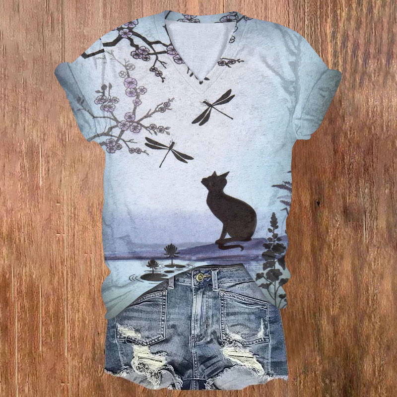  Dragonfly, Flowers And Black Cat Silhouette Art Print T-shirt - Light Gray - US32-34(5XL) - image 1