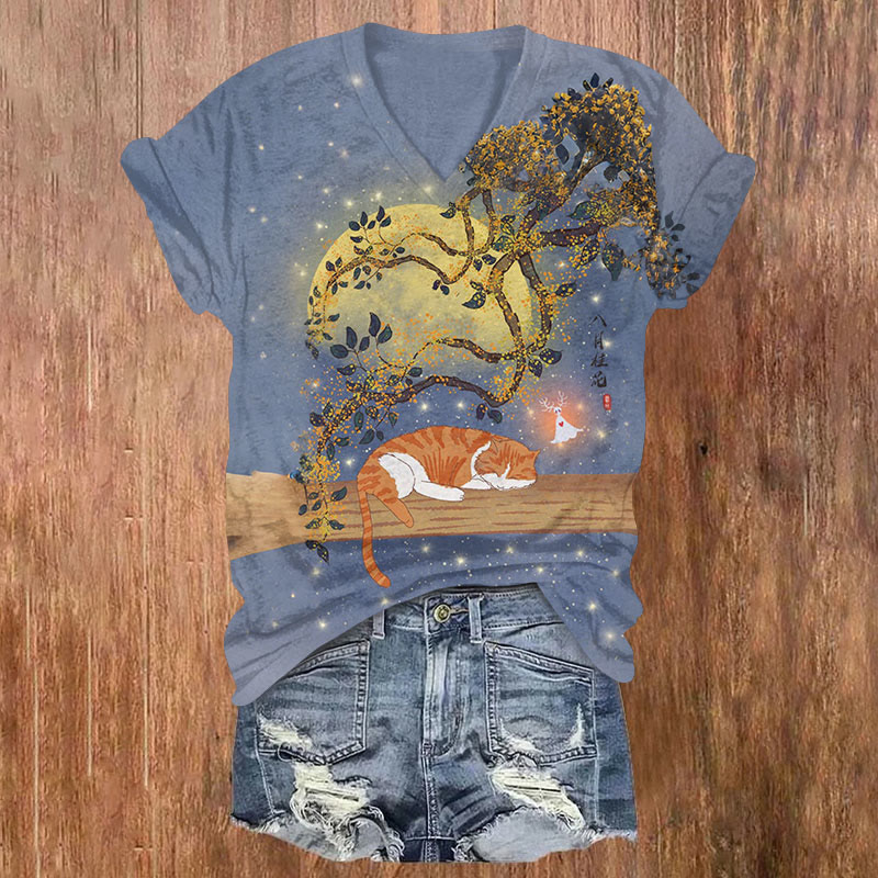 Cute Lazy Cat And Flowers Art Print T-shirt - Blue - US32-34(5XL) - image 1