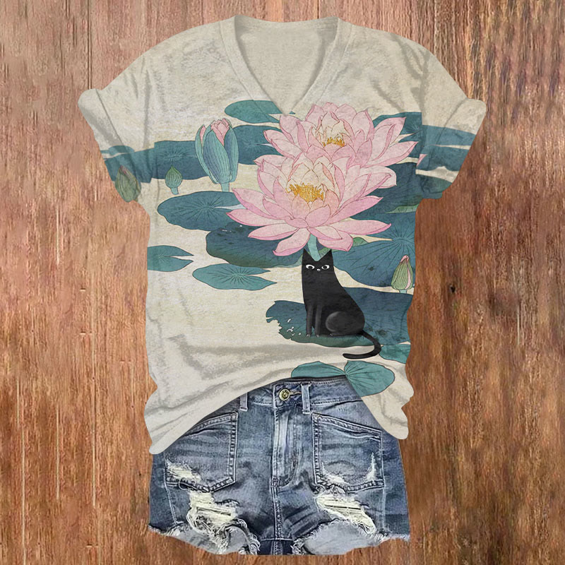 Interesting Lotus And Black Cat Art Print T-shirt - Multicolor - US32-34(5XL) - image 1
