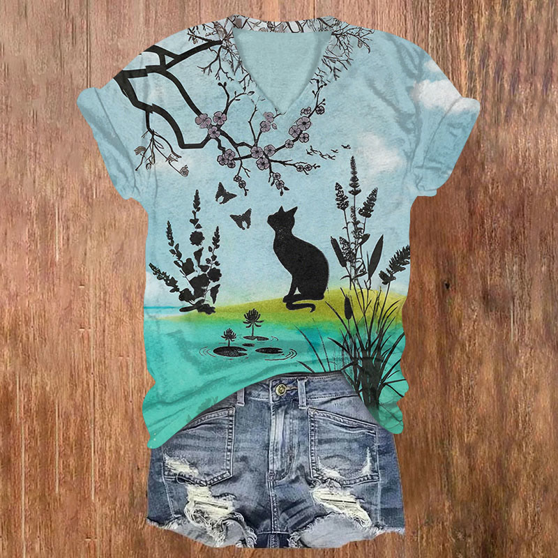 Black Cat And Lakeside Spring Scenery Art Print T-shirt - Blue - US32-34(5XL) - image 1