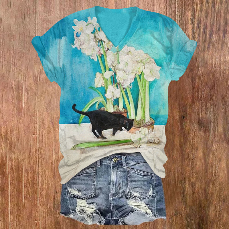 Funny Black Cat And Daffodils Print T-shirt - Blue - US32-34(5XL) - image 1
