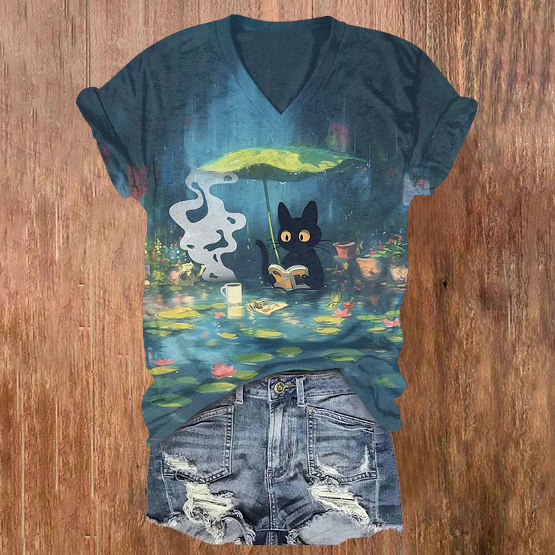 Black Cat And Dreamy Lotus Pond Oil Painting Art Print T-shirt - Blue - US32-34(5XL) - image 1