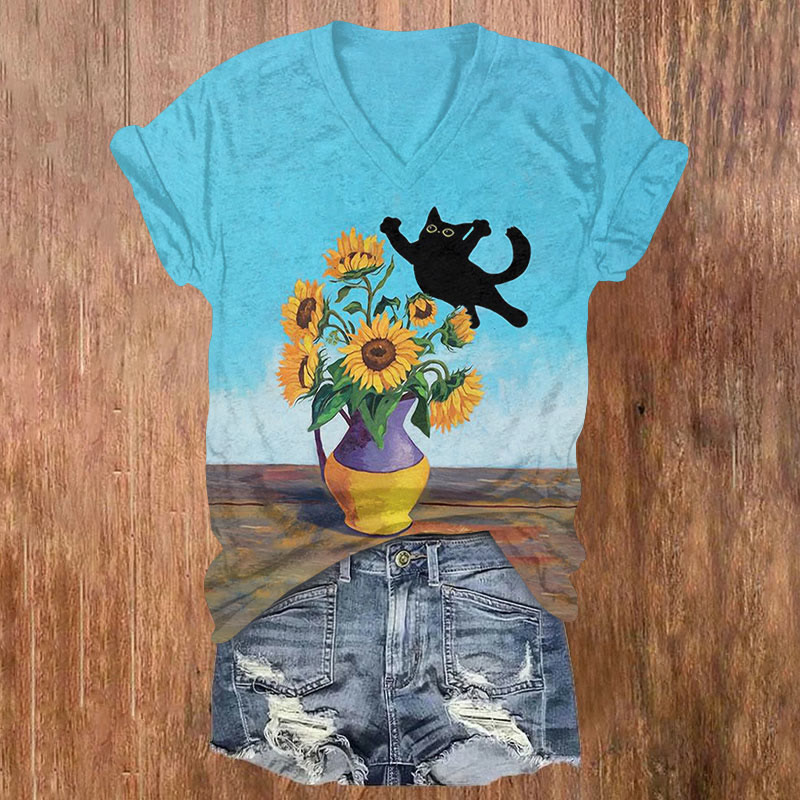 Naughty Black Cat And Sunflower Oil Painting Art Print T-shirt - Blue - US32-34(5XL) - image 1