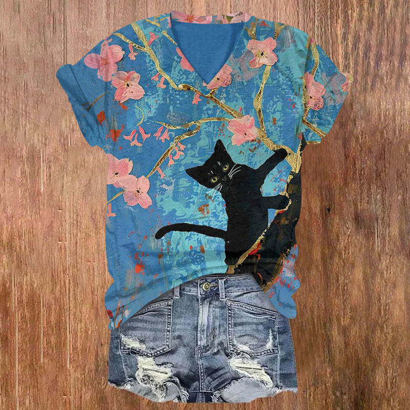 Funny Black Cat And Cherry Blossom Oil Painting Art Print T-shirt - Blue - US32-34(5XL) - image 1