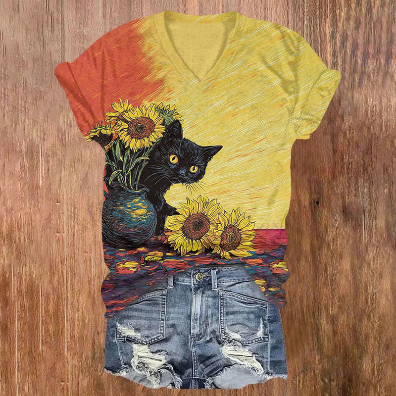 Funny Black Cat And Sunflower Oil Painting Art Print T-shirt - Yellow - US32-34(5XL) - image 1