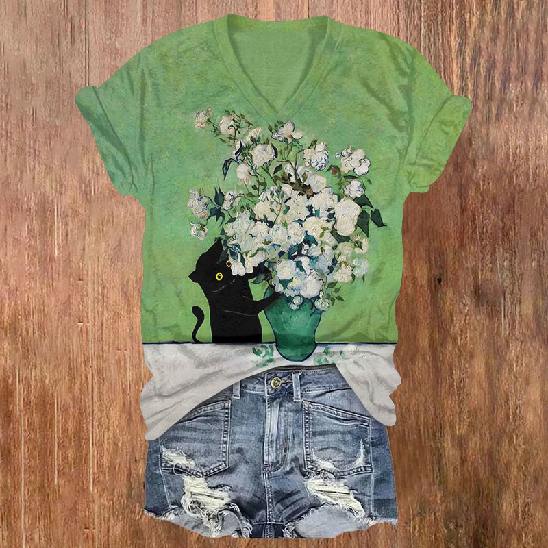 Funny Black Cat And White Roses Art Print T-shirt - Green - US32-34(5XL) - image 1