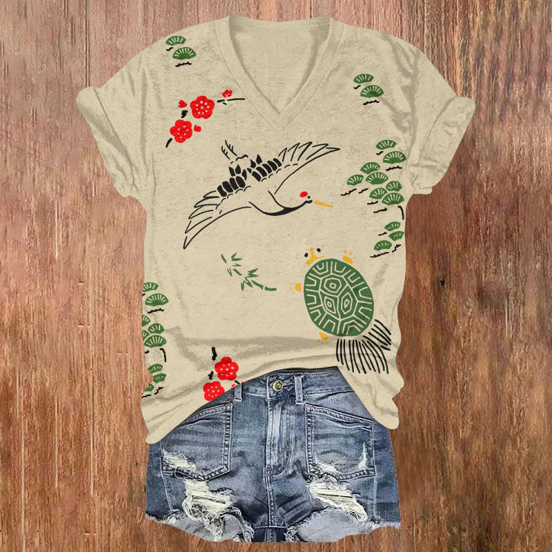 Vintage Japanese Style Crane And Turtle Simple Art Print T-shirt - Apricot - US32-34(5XL) - image 1