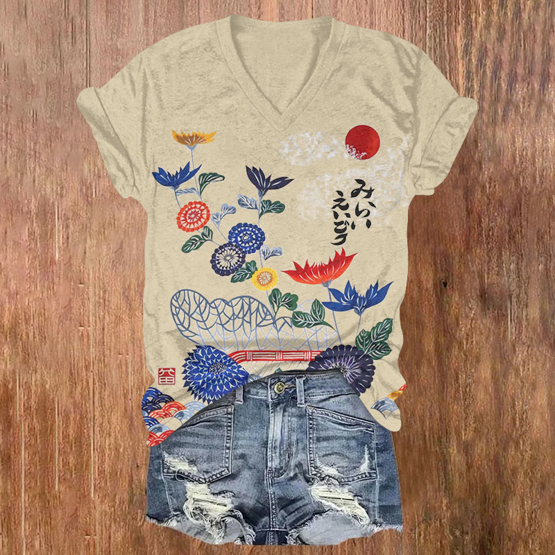 Retro Japanese Flower Simple Strokes Art Print T-shirt - Apricot - US32-34(5XL) - image 1