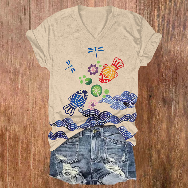 Vintage Japanese Style Ocean Wave Goldfish And Dragonfly Art Print T-shirt - Apricot - US32-34(5XL) - image 1