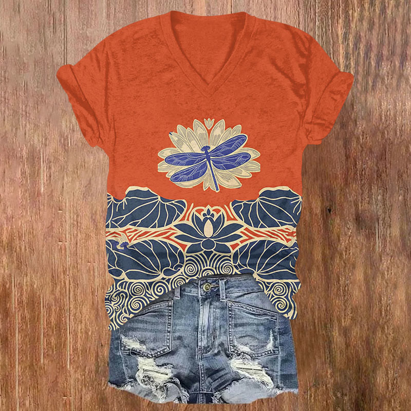 Vintage Lotus Leaves And Dragonfly Abstract Art Print T-shirt - Orange - US32-34(5XL) - image 1