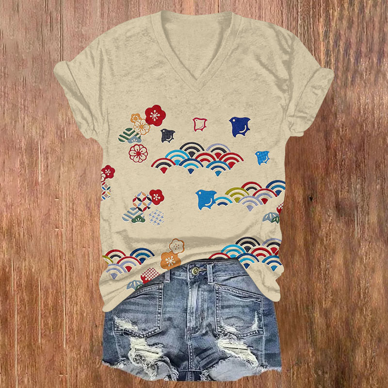 Retro Japanese Style Wave Flower Simple Art Print T-shirt - Apricot - US32-34(5XL) - image 1