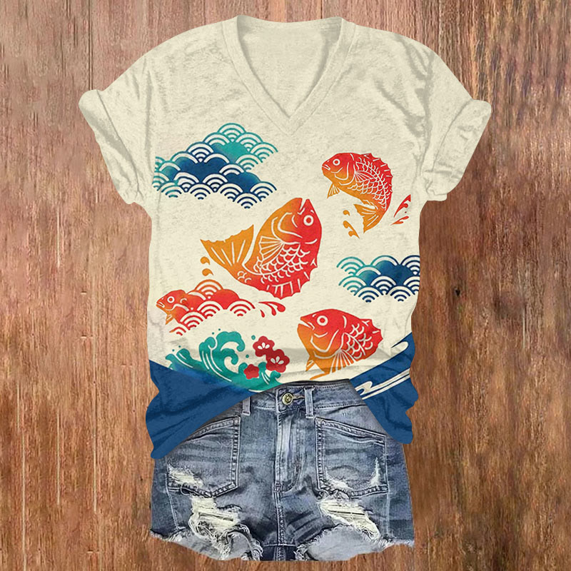 Vintage Japanese Style Ocean Waves And Koi Art Print T-shirt - Beige - US32-34(5XL) - image 1