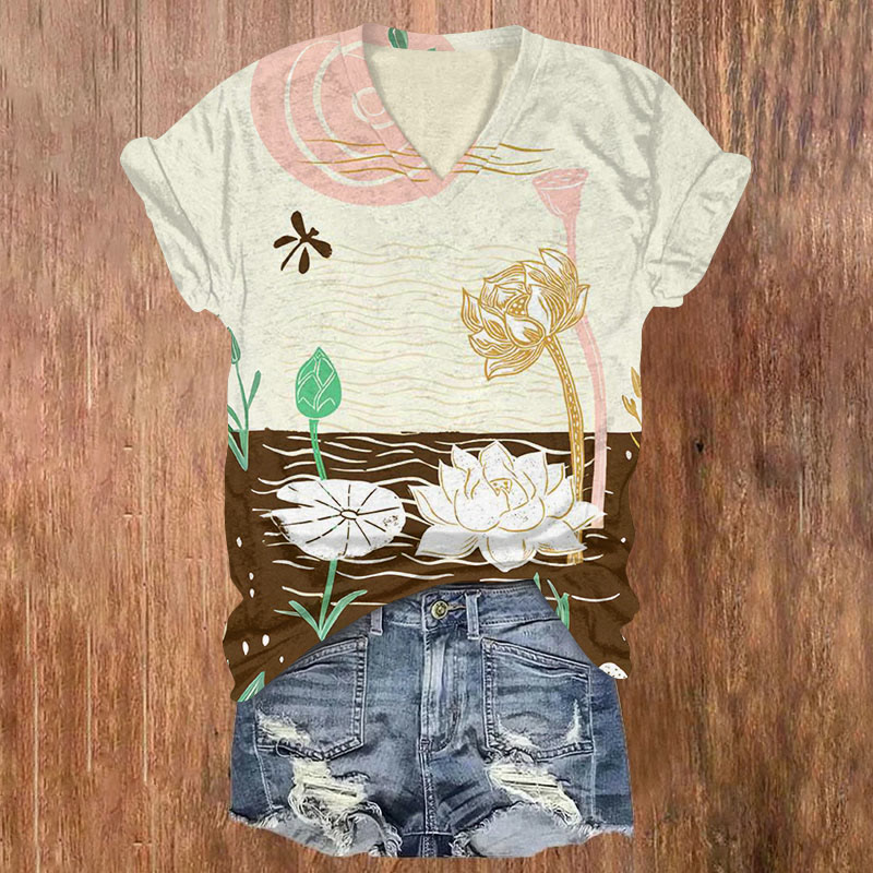 Retro Japanese Style Lotus Pond And Dragonfly Simple Art Print T-shirt - Beige - US32-34(5XL) - image 1