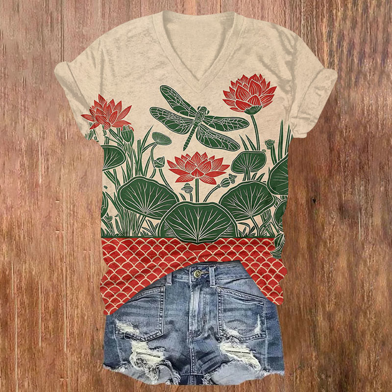 Vintage Japanese Style Lotus And Dragonfly Art Print T-shirt - Multicolor - US32-34(5XL) - image 1