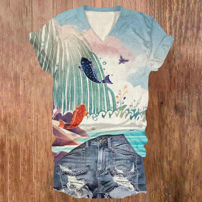 Vintage Japanese Style Ocean Wave Goldfish Art Print T-shirt - Multicolor - US32-34(5XL) - image 1