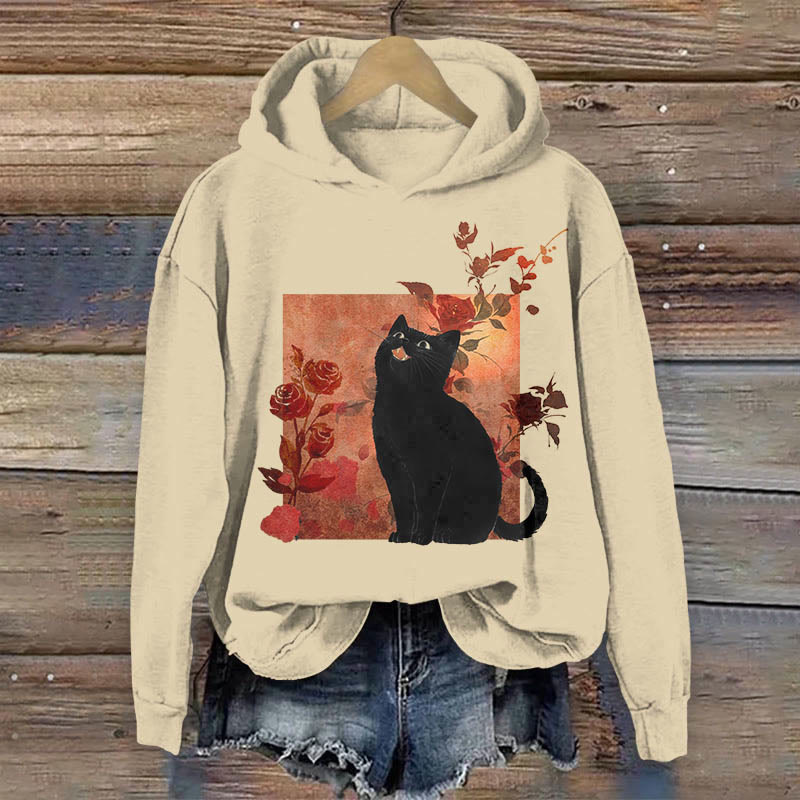100% Cotton Red Rose Blossom & Black Cat Print Hoodie - Apricot - US16-18(2XL) - image 1