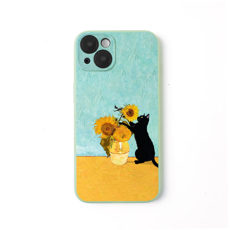 Cute Cat & Sunflower Art Print Phone Case - Green - iPhone 16 Pro Max - image 1