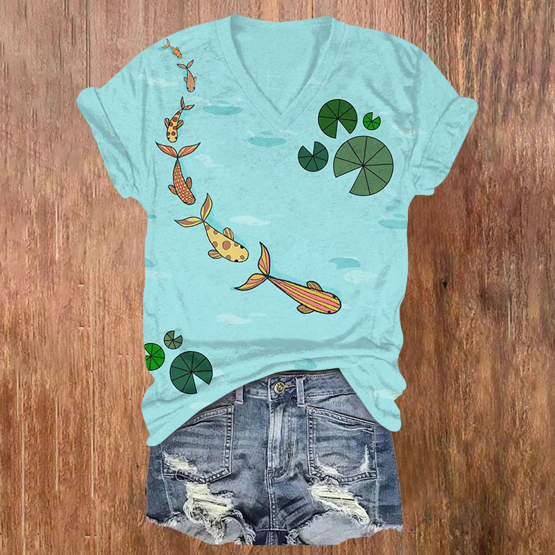 Fresh Lotus Leaves And Fish Simple Art Print T-shirt - Lake Blue - US32-34(5XL) - image 1