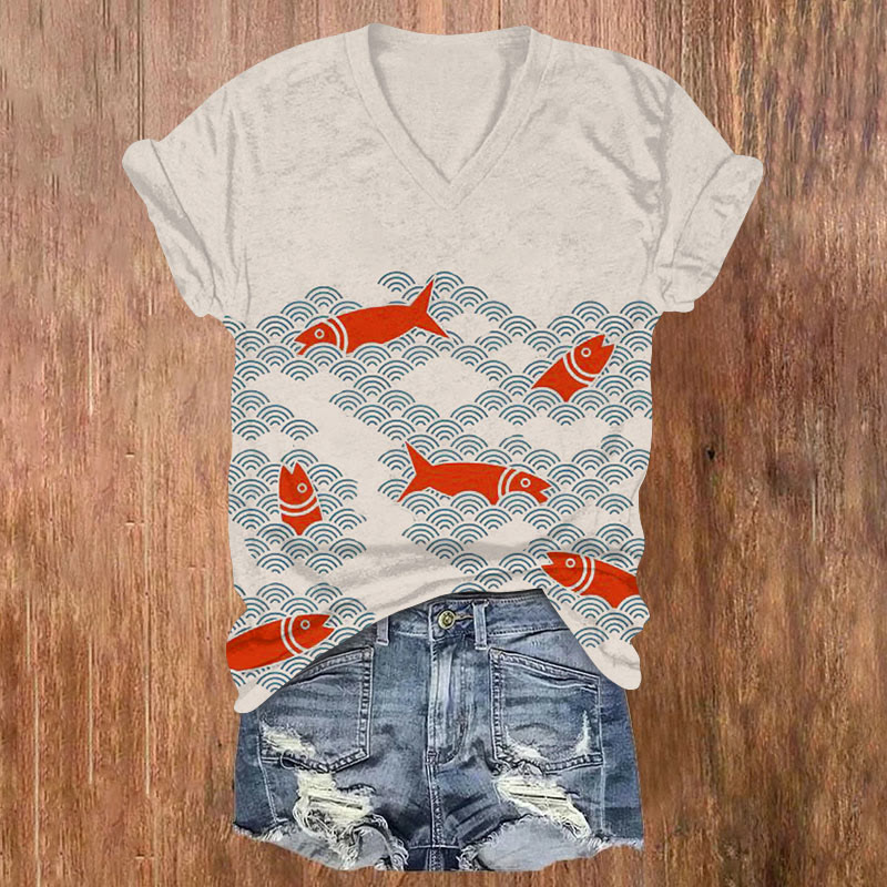 Fun Ocean Waves And Fish Simple Art Print T-shirt - Light Gray - US32-34(5XL) - image 1