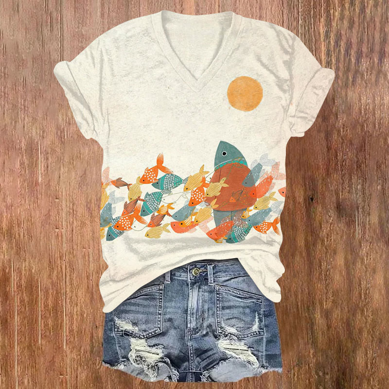 Retro Japanese Style Fun Fish And Sunset Art Print T-shirt - Beige - US32-34(5XL) - image 1