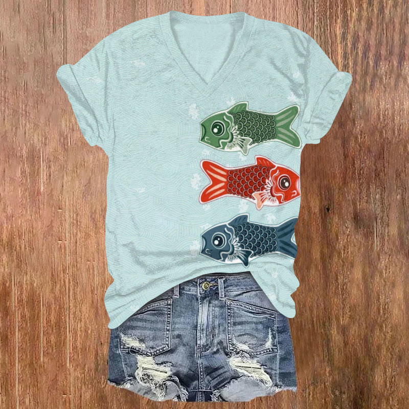 Japanese Style Goldfish And Sea Waves Asymmetrical Art Print T-shirt - Light Blue - US32-34(5XL) - image 1