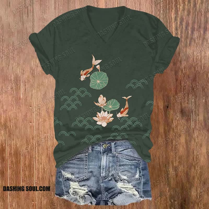 Retro Japanese Style Goldfish Lotus And Waves Simple Art Print T-shirt