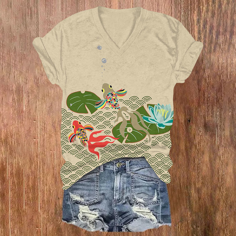 Retro Japanese Style Goldfish Lotus And Waves Simple Art Print T-shirt - Khaki - US32-34(5XL) - image 1