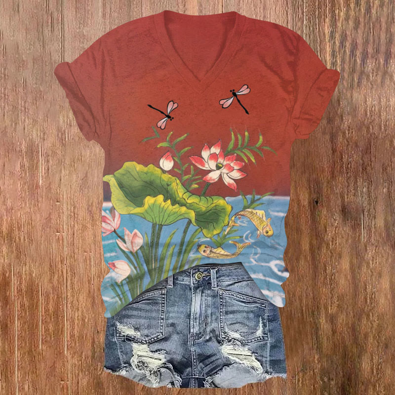 Vintage Japanese Style Lotus Pond And Dragonfly Art Print T-shirt - Red - US32-34(5XL) - image 1