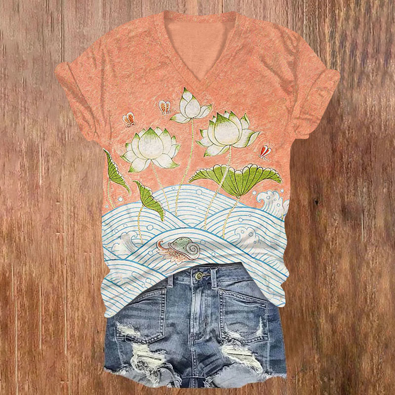 Japanese Style Lotus And Ocean Wave Art Print T-shirt - Orange - US32-34(5XL) - image 1