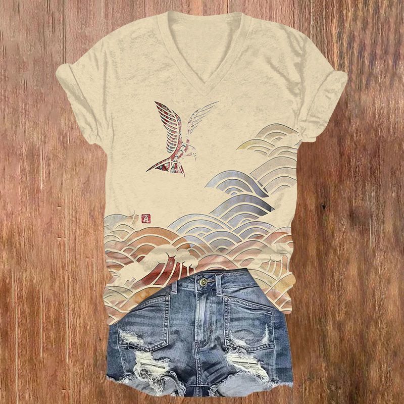 Vintage Japanese Style Sea Waves And Bird Art Print T-shirt - Apricot - US32-34(5XL) - image 1