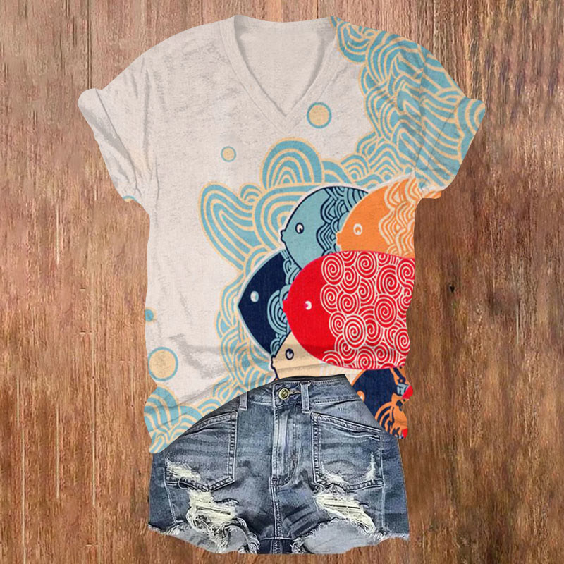 Retro Japanese Style Fun Fish And Waves Art Print T-shirt - Apricot - US32-34(5XL) - image 1